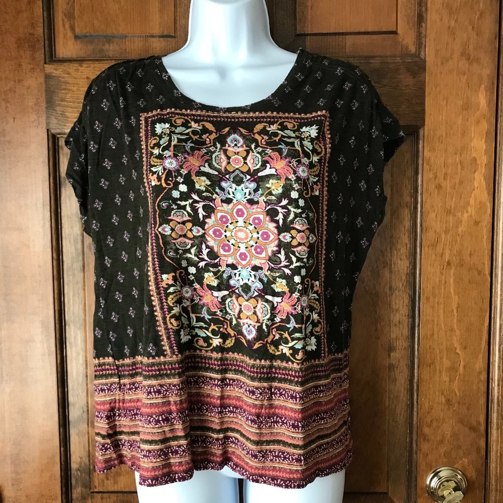 Farmers Market Brown w/Fuchsia, Magenta, Peach & Pink Floral Pattern Top Large
